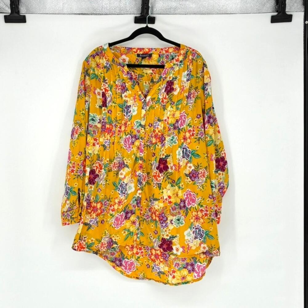 Women's Cotton Yellow Floral-Print Long-Sleeve Button Up Tunic Top - Plus 20W